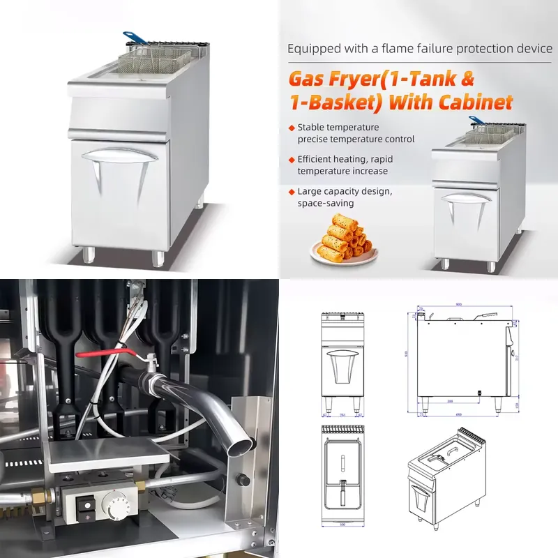 Commercial Gas Deep Fryer Propane - เครื่องทอดแก๊สเชิงพาณิชย์ 1 ถัง 1 ตะกร้า พร้อมตู้เก็บ