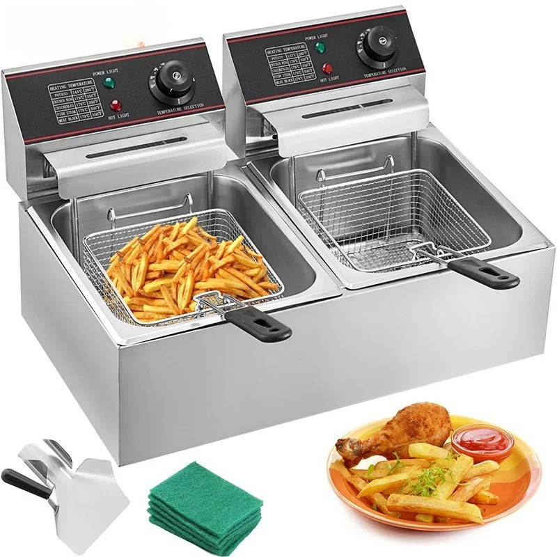 Commercial French Fry Cutter - หม้อทอดไฟฟ้าถังคู่ 12 ลิตรสําหรับร้านอาหารฟาสฟู้ดหรือตั้งแคมป์ปิคนิคทอดไก่ทอดชิปเฟรนช์ฟรายส์