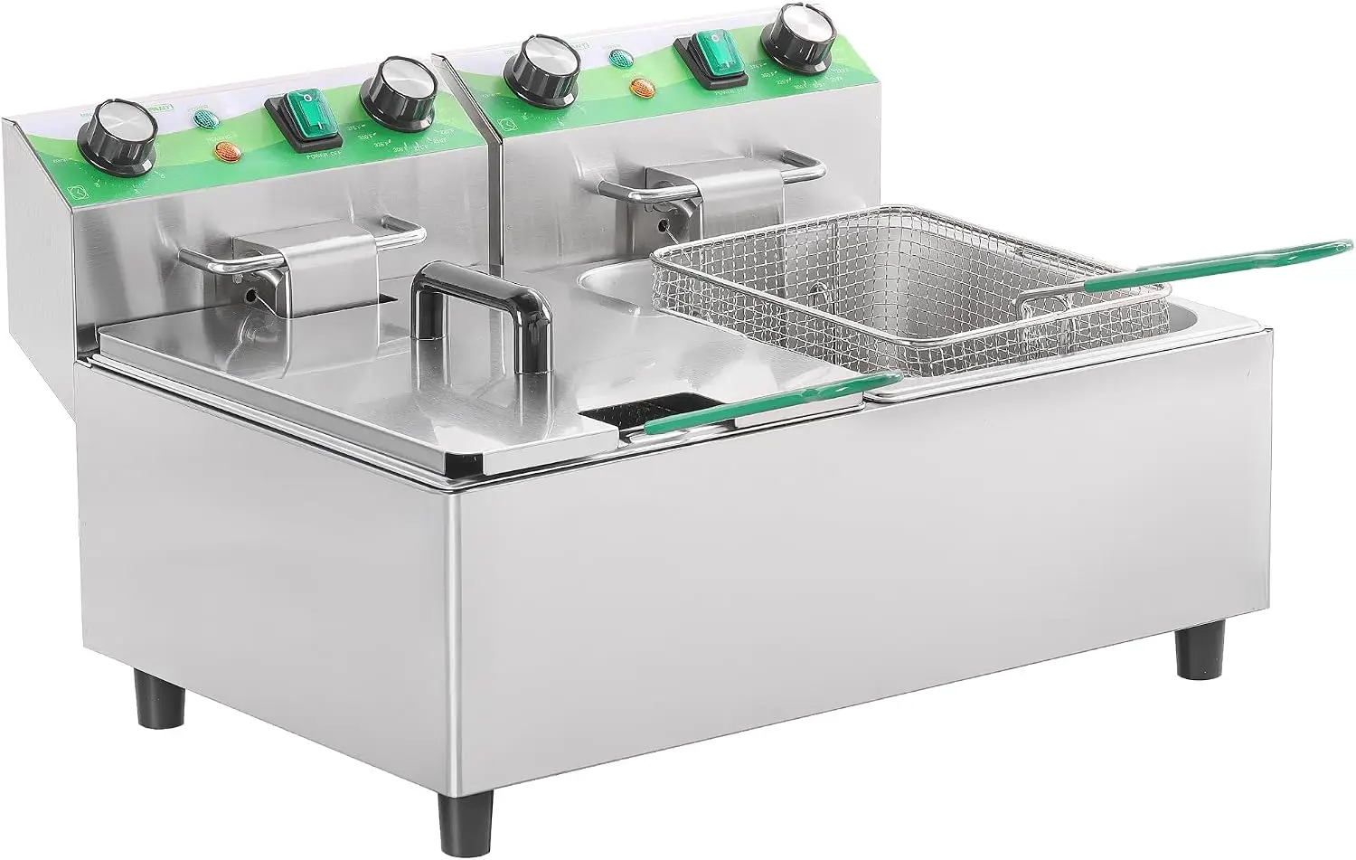 Countertop Deep Fryer With Timer - หม้อทอดไฟฟ้าเชิงพาณิชย์ขนาด 20 ลิตร/21.2 ควอร์ต พร้อมตัวตั้งเวลา หม้อทอดแบบสองถังตั้งโต๊ะพร้อมตะกร้าคู่และฝาปิด