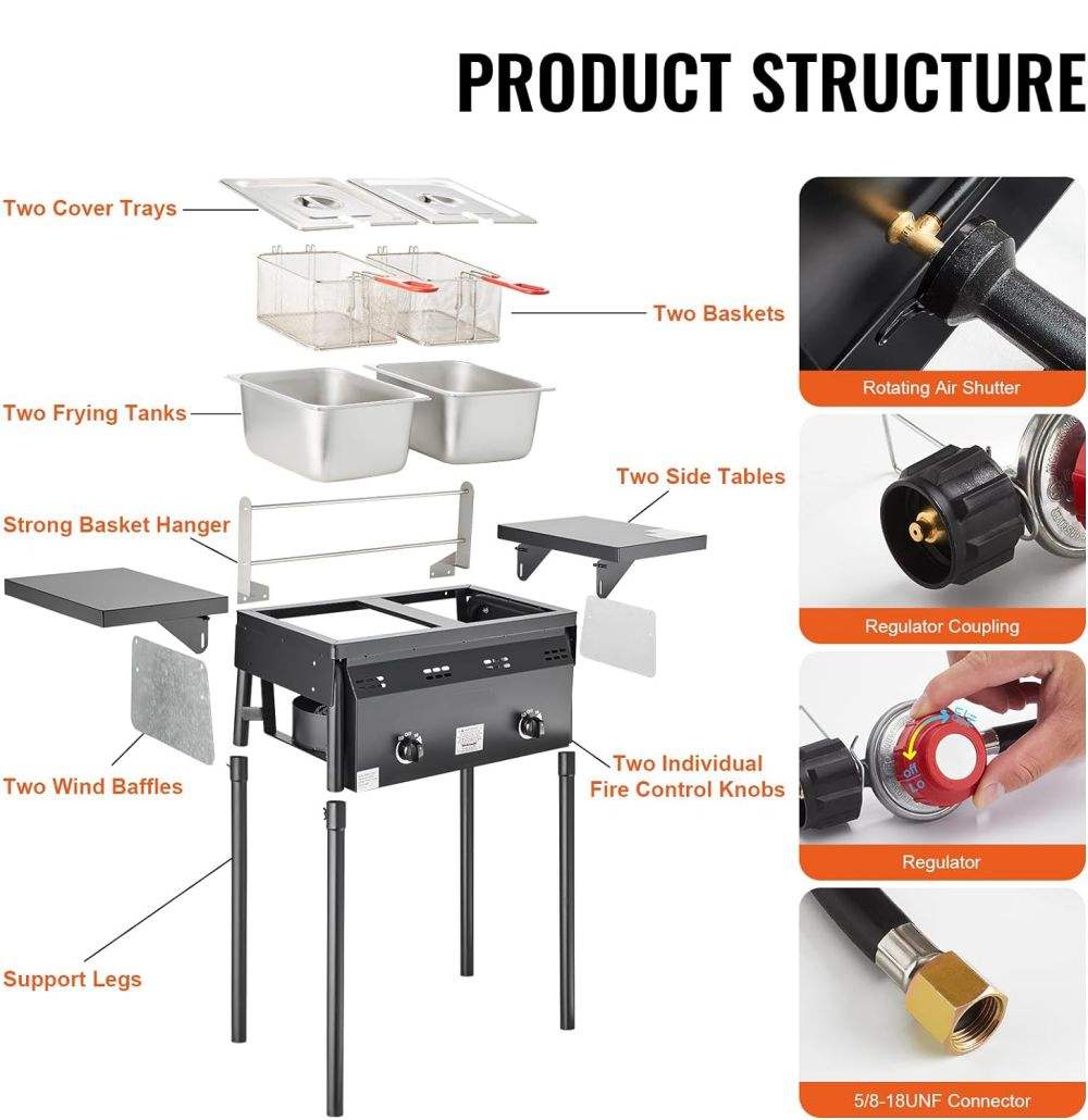 Fryer Basket Commercial Stainless - เตาแก๊สทอดแบบสองถังพร้อมตะกร้าสแตนเลสสองใบ สำหรับทอดอาหารกลางแจ้ง 2 ถัง 2 ตะกร้า