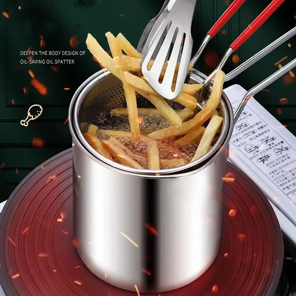 Fryer Basket Commercial Stainless - หม้อทอดสแตนเลสพร้อมตะกร้าอเนกประสงค์ ฐานกันลื่น ด้ามจับเย็นสบาย เหมาะสำหรับการทอดเทมปุระและไก่ทั้งในบ้านและเชิงพาณิชย์