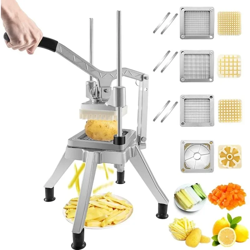 Commercial French Fry Cutter - เครื่องหั่นผักเชิงพาณิชย์ 4 ใบมีดสำรอง, เครื่องตัดเฟรนช์ฟรายส์สแตนเลส เครื่องหั่นมันฝรั่งและผลไม้ สำหรับร้านอาหาร/ครัว