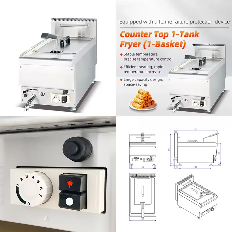 Commercial Gas Deep Fryer Propane - เครื่องทอดแก๊สตั้งโต๊ะเชิงพาณิชย์ 1 ช่อง 1 ตะกร้า สำหรับครัวร้านอาหาร