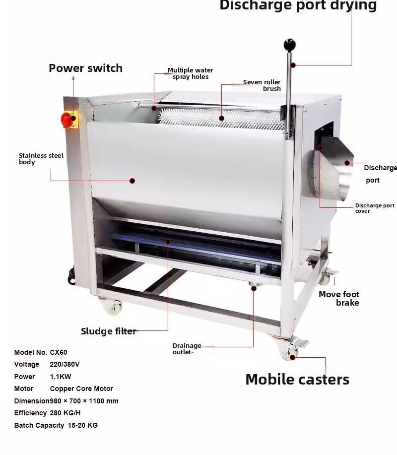 Commercial Potato Peeler Machine - เครื่องล้างผักแบบลูกกลิ้งแปรงเชิงพาณิชย์ สแตนเลส สำหรับล้างมันฝรั่ง แครอท ขิง หัวไชเท้า