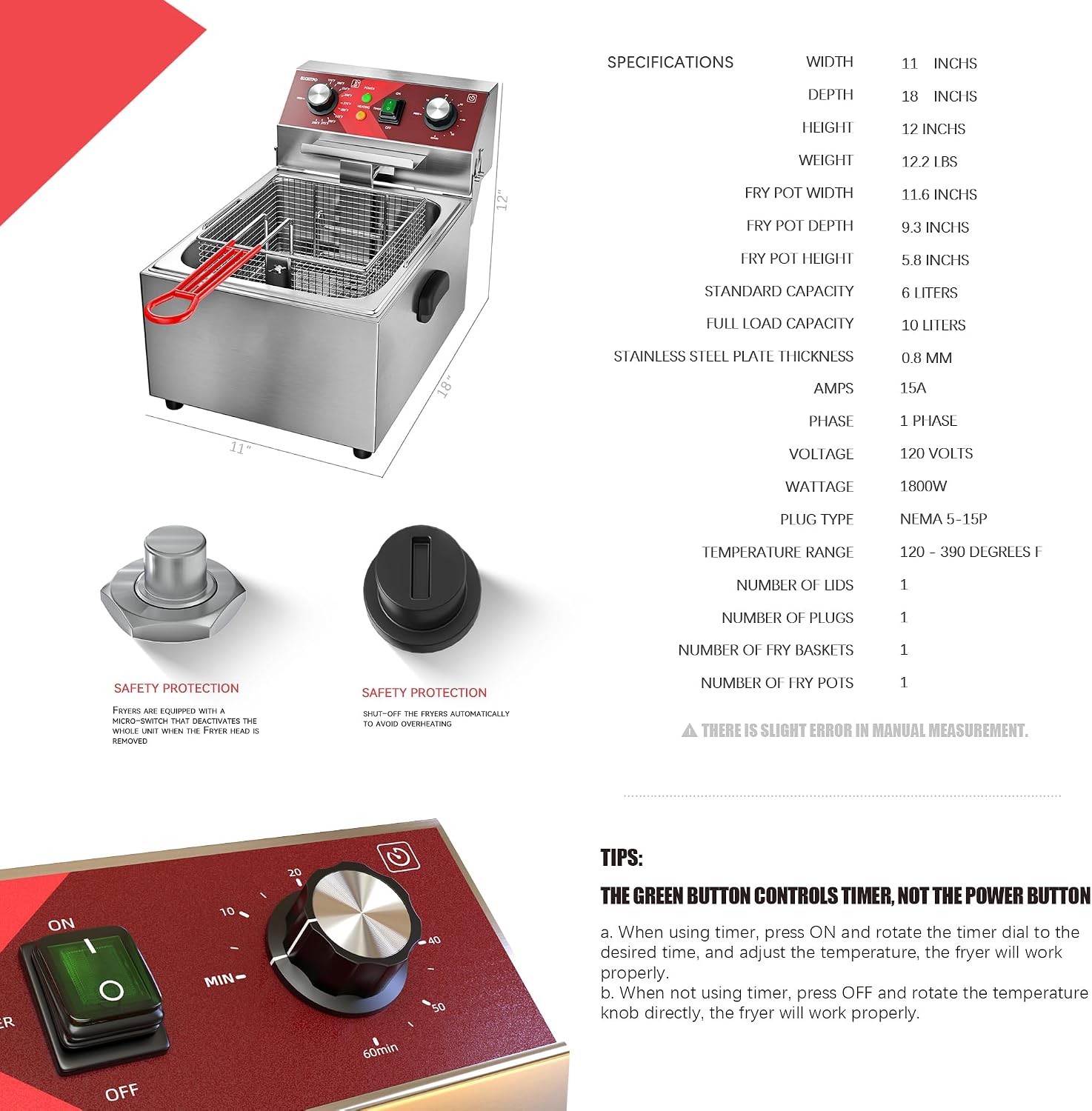 หม้อทอดไฟฟ้าแบบถังเดี่ยวพร้อมต - Countertop Deep Fryer With Timer บทวิจารณ์และราคา