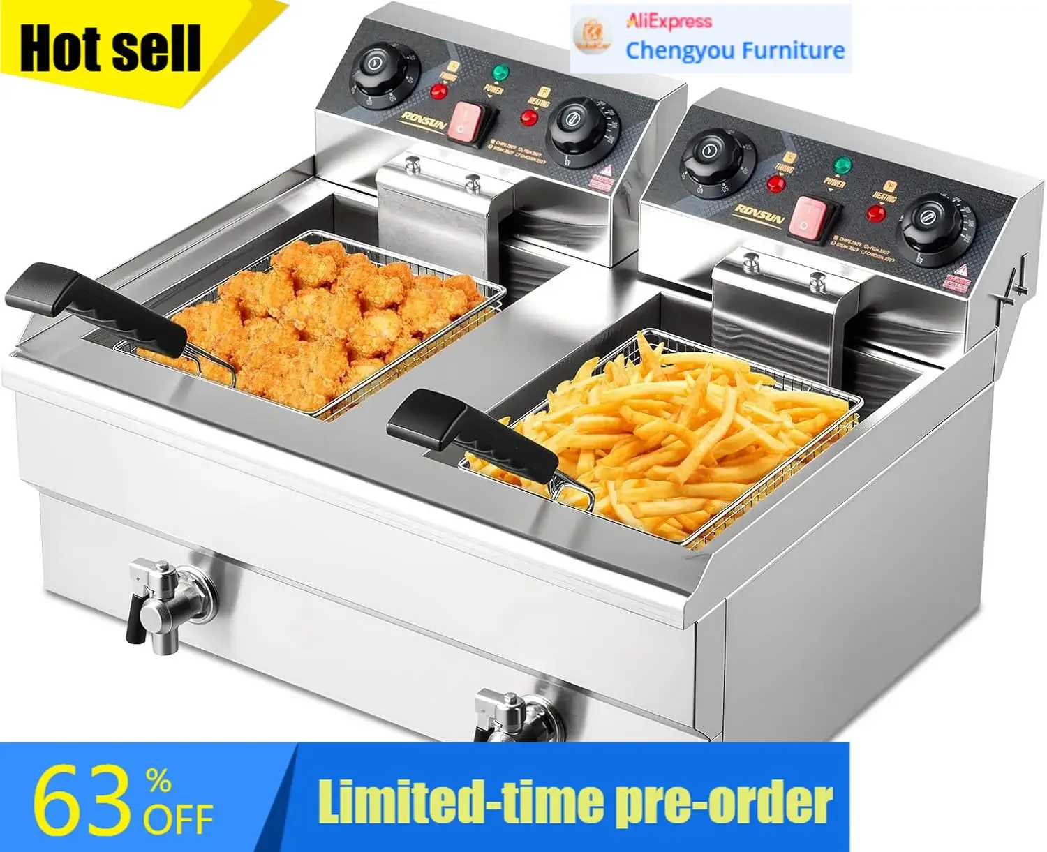 หม้อทอดไฟฟ้าแบบสองถังตั้งโต๊ะพ - Countertop Deep Fryer With Timer บทวิจารณ์และราคา